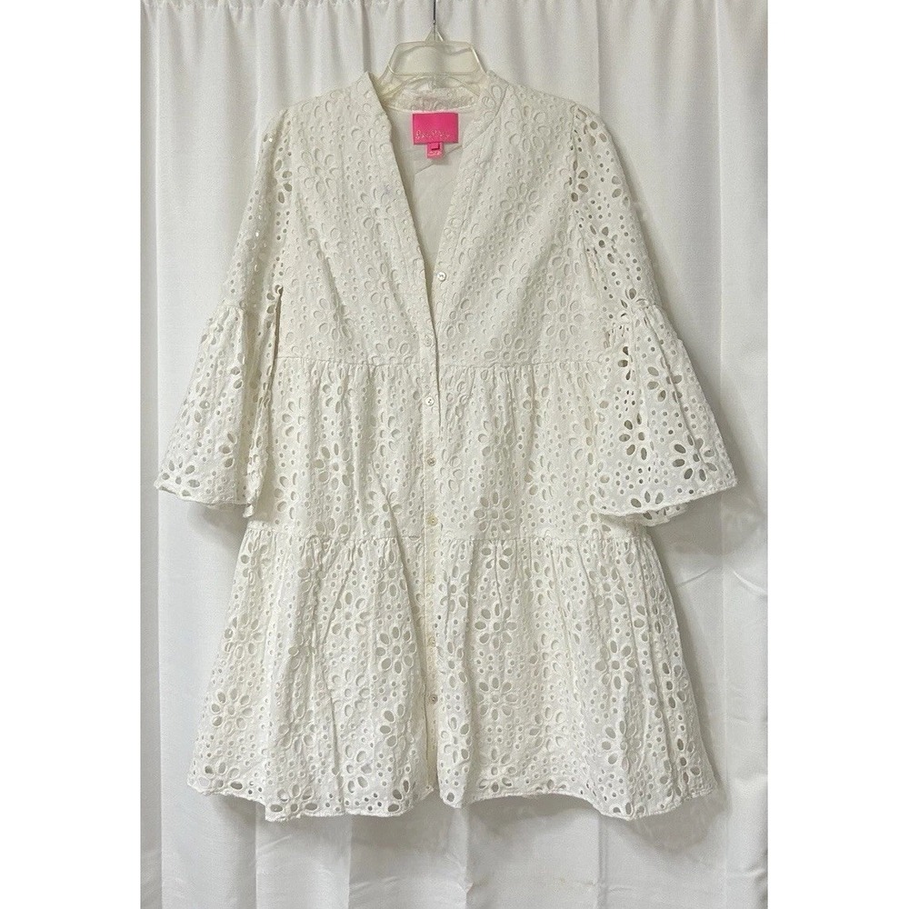Lilly Pulitzer Women's White 100% Cotton Embroidered 3/4 Sleeve Eyelet Dress 6